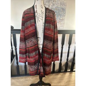 Rafaella Cardigan Womens Size MP Red Black‎ Faux Leather Trim Open Front
